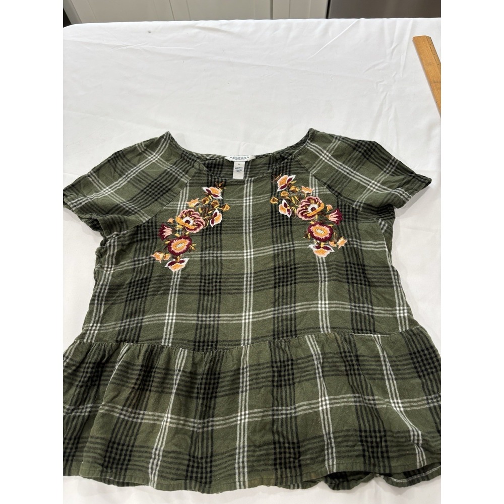 Arizona Jeans Womens Cropped Plaid  Top With Floral Embroidery XL Juniors